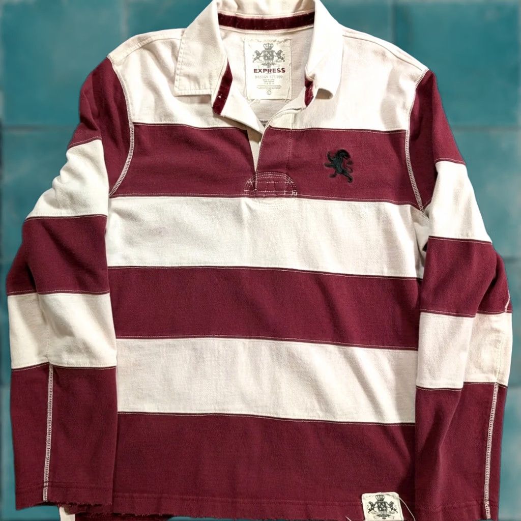 Express EXPRESS Rugby Shirt Mens Large 100% Cotton Burgundy Red & White Striped Long Sleeve Collared Shirt Size US L / EU 52-54 / 3 - 1 Thumbnail