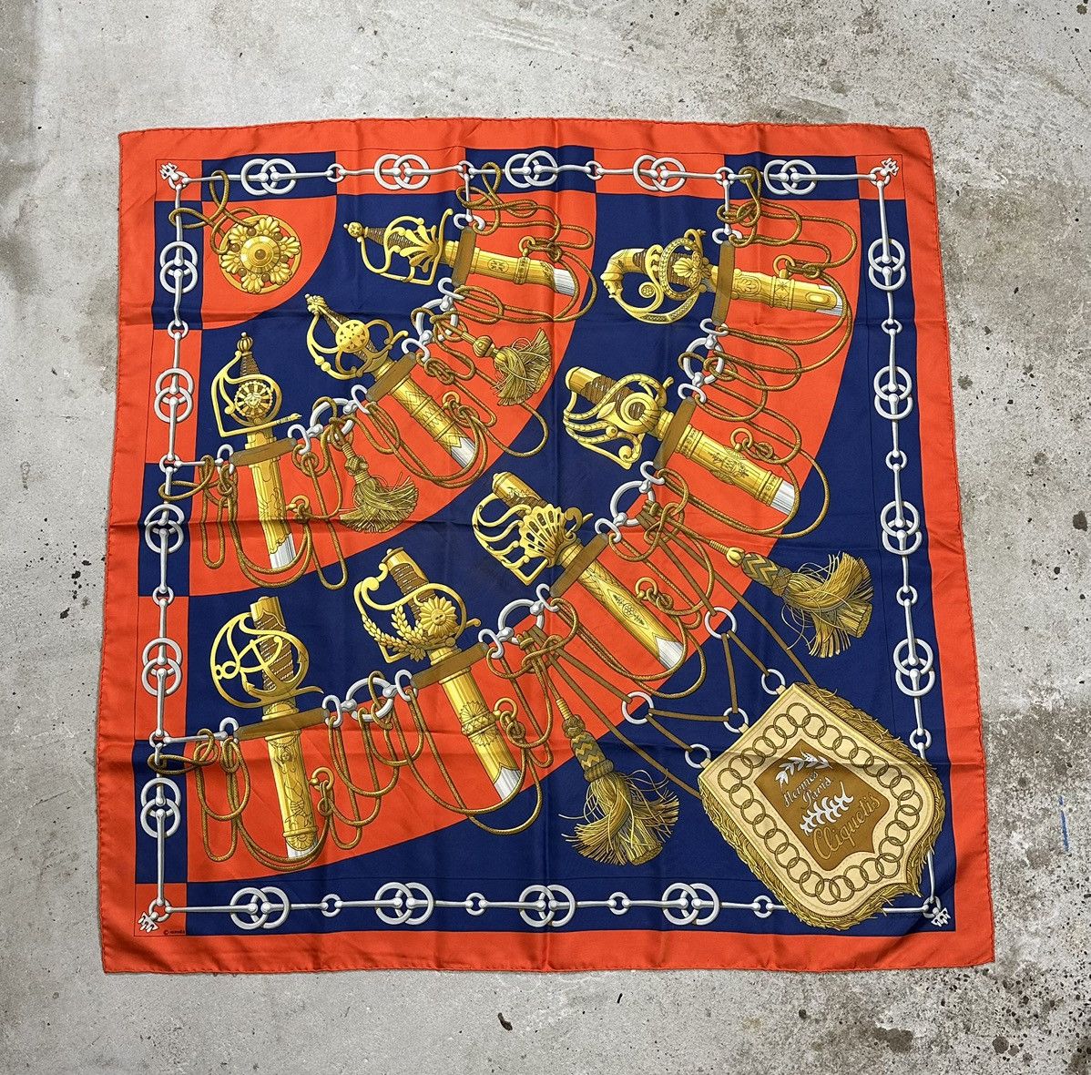 image of Vintage Hermes Paris Cliquetis Silk Scarf Julia Abadie in Orange, Women's