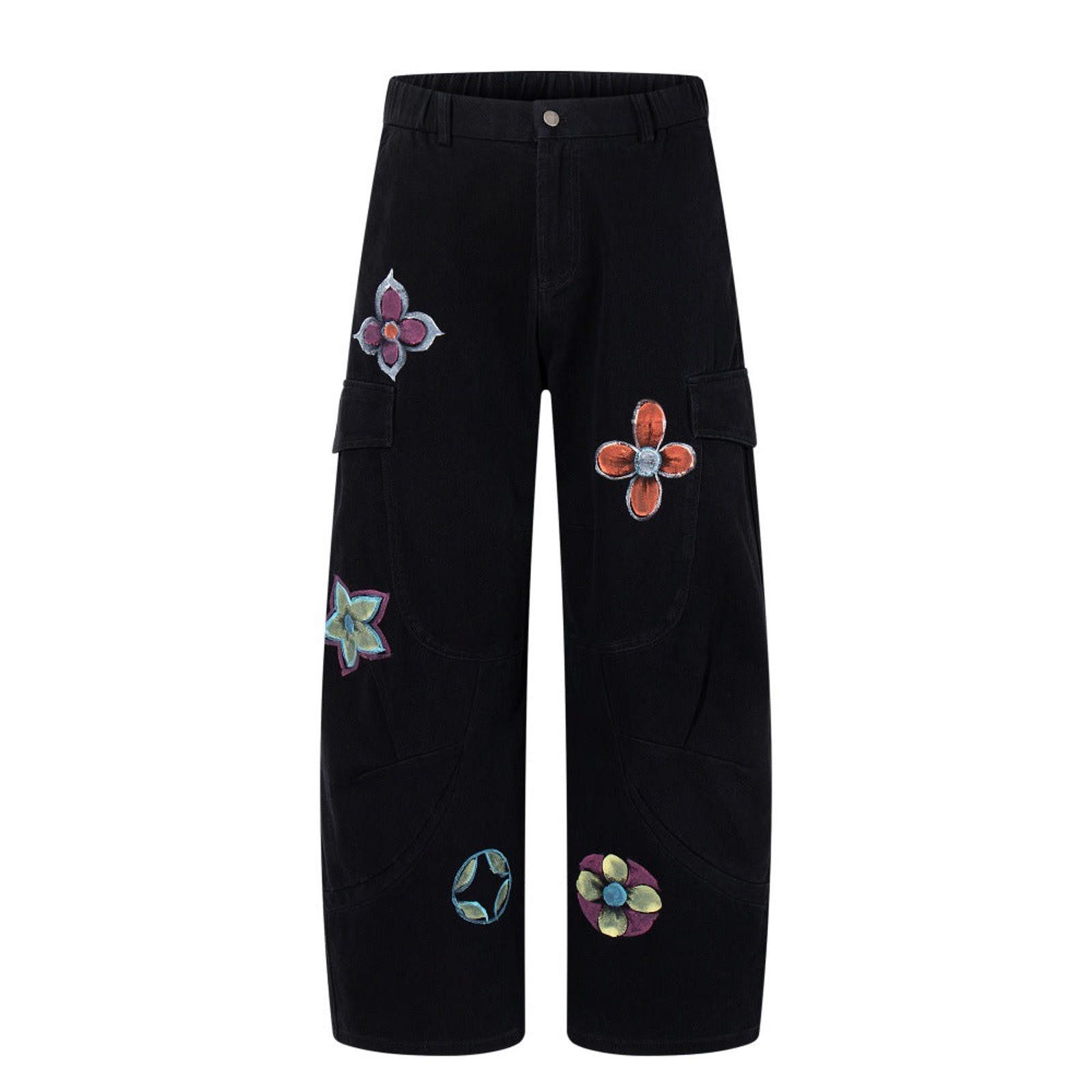 Japanese Brand Black Wide Leg Cargo Pants with Floral Patches Size US 32 / EU 48 - 1 Thumbnail