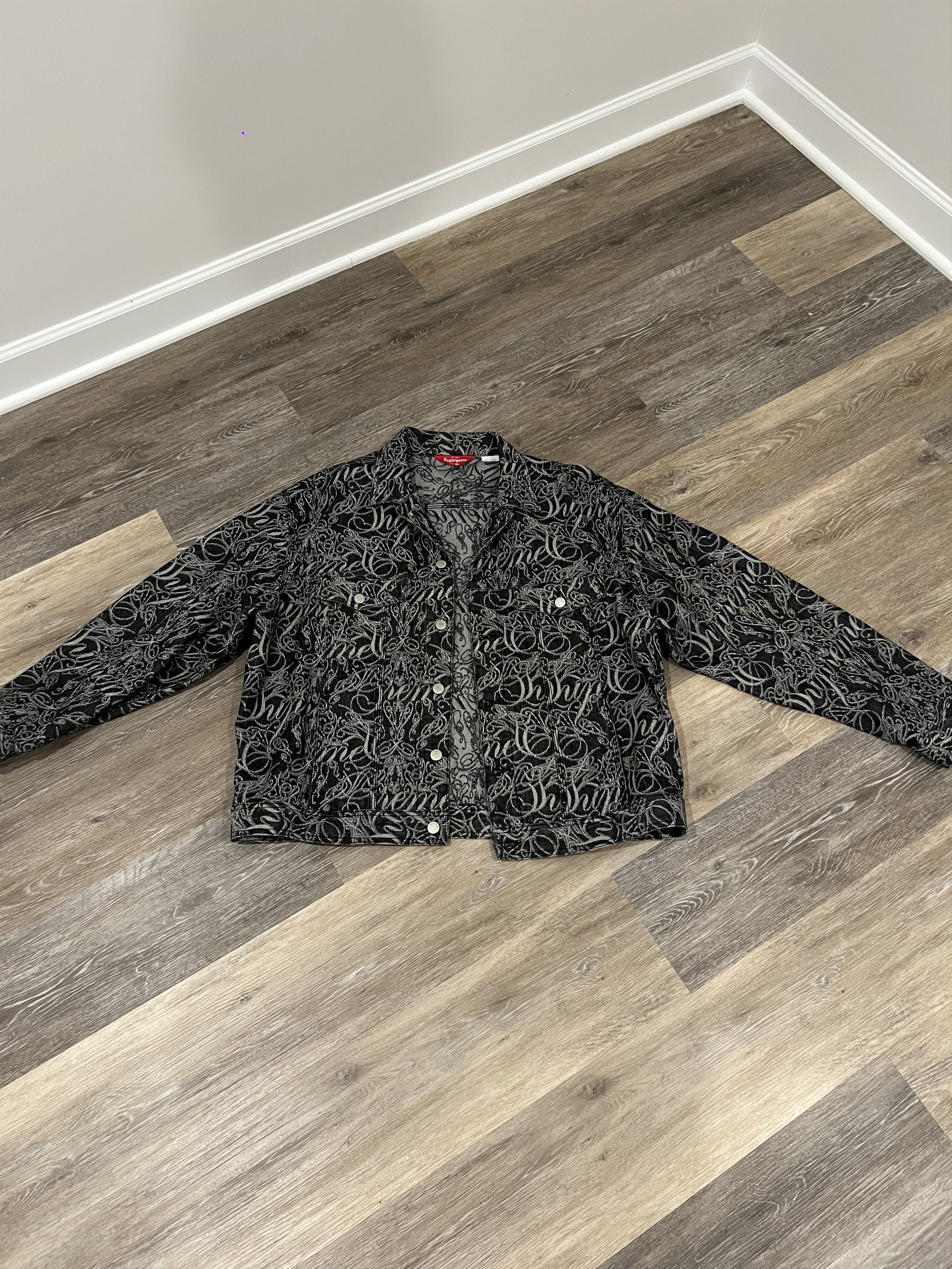 image of Supreme Script Jacquard Denim Trucker Jacket in Black Wash, Men's (Size XL)