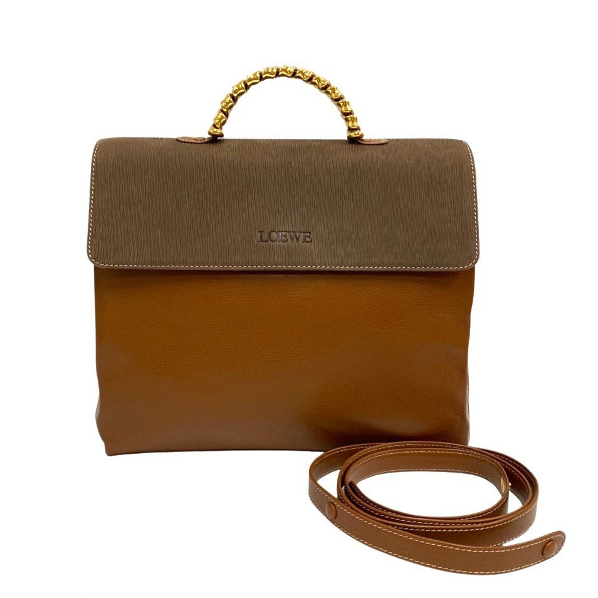 image of Loewe Logo Velasquez Twist Handle Hardware Leather Genuine 2Way Handbag Shoulder Bag Brown, Women's