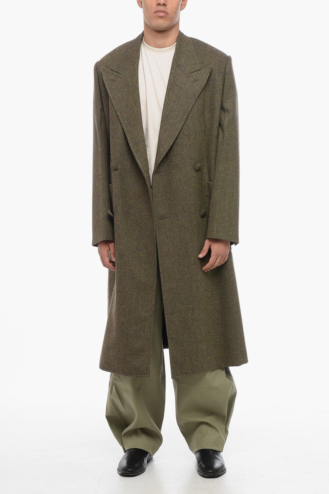 og1mm0825 Herringbone Wool Doble Breasted Coat In Green