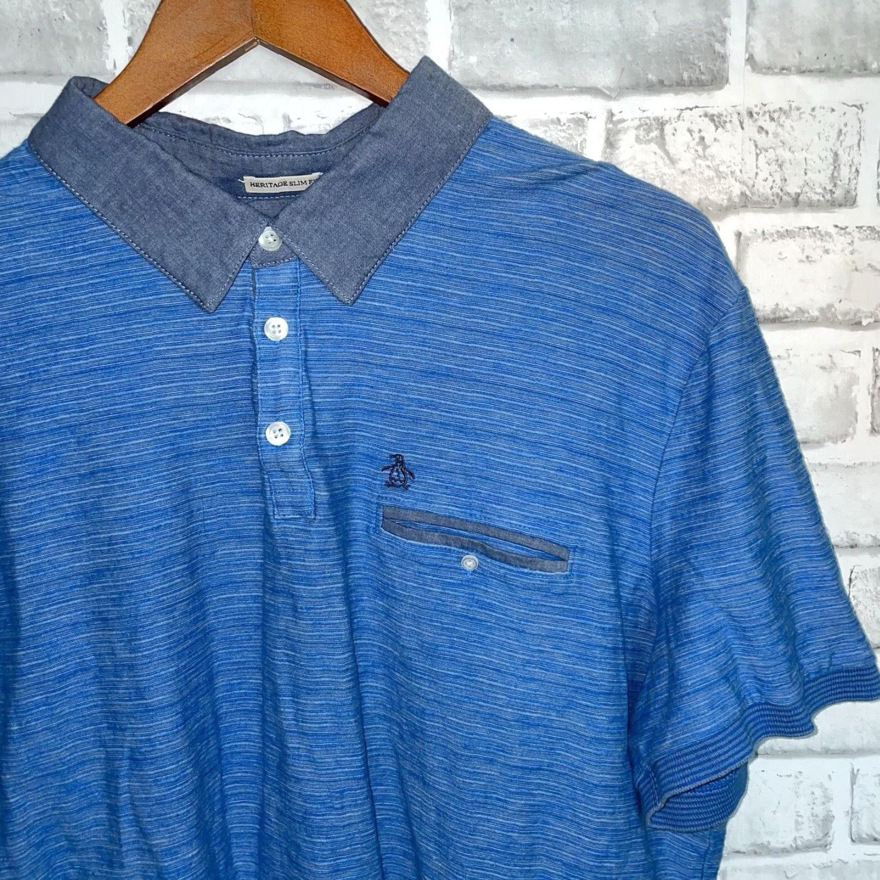 Vintage PENGUIN Heritage Polo Shirt Men's Slim Fit Blue Pocket Polo XXL Adult Blue Pocket Polo Shirt Mens 2XL Slim Fit Clothing Size US XXL / EU 58 / 5 - 2 Thumbnail