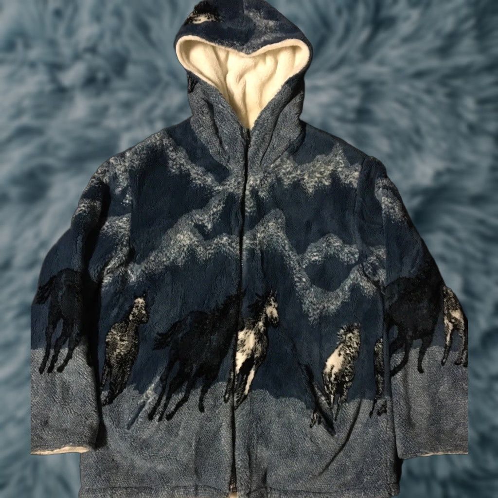 Vintage VINTAGE 90s All Over Print Jacket Women's Blue Fleece Bomber XL Horse Art Deep Pile AOP Ski Grunge Vaporwave 80s (Note: ensure not adding new info) Size XL / US 12-14 / IT 48-50 - 1 Thumbnail