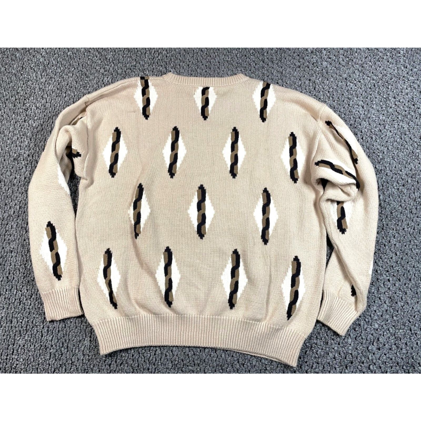 Vintage VTG 90s Geometric Chunky Knit Sweater Men's XL Beige Cotton Crew Neck Pullover Vintage Cosby Dad Style Size US XL / EU 56 / 4 - 2 Thumbnail