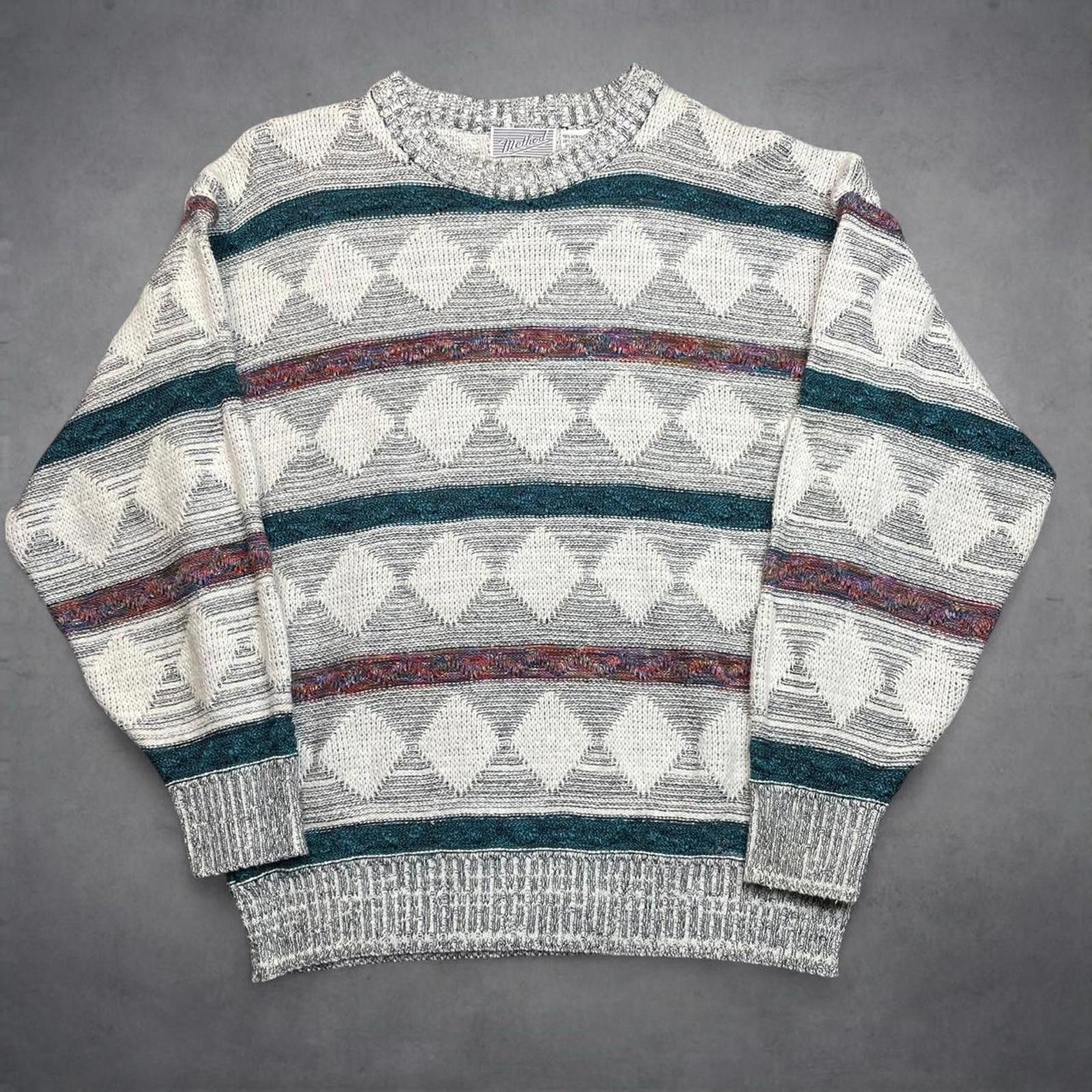 Vintage Vintage Knit Sweater XL Cream Green Patterned Crewneck 80s Size US XL / EU 56 / 4 - 2 Thumbnail