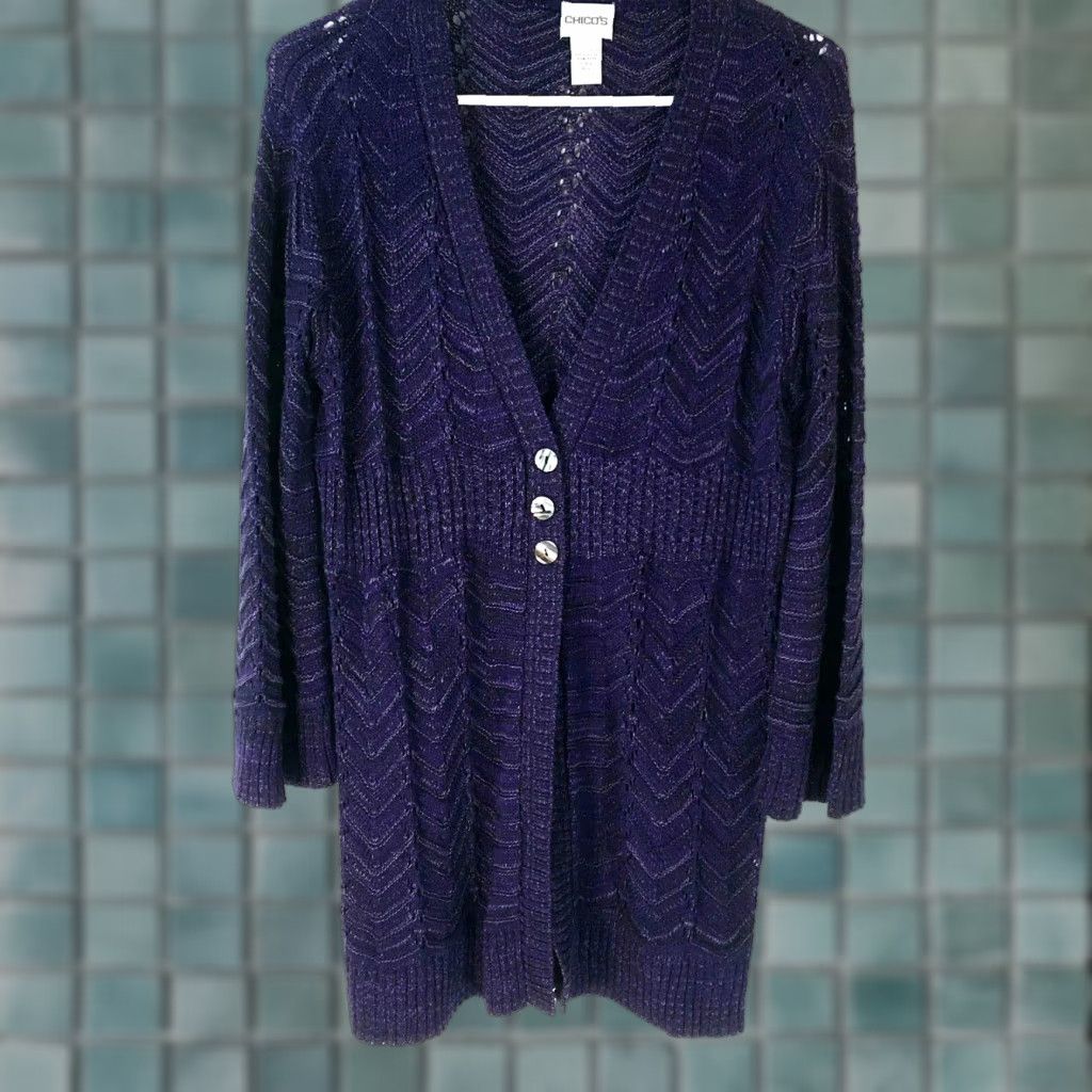 Vintage Chico's Women’s Size 2 Long Sleeve Purple Cable Knit Cardigan Sweater with Three Buttons, Casual Style Size XS / US 0-2 / IT 36-38 - 1 Thumbnail