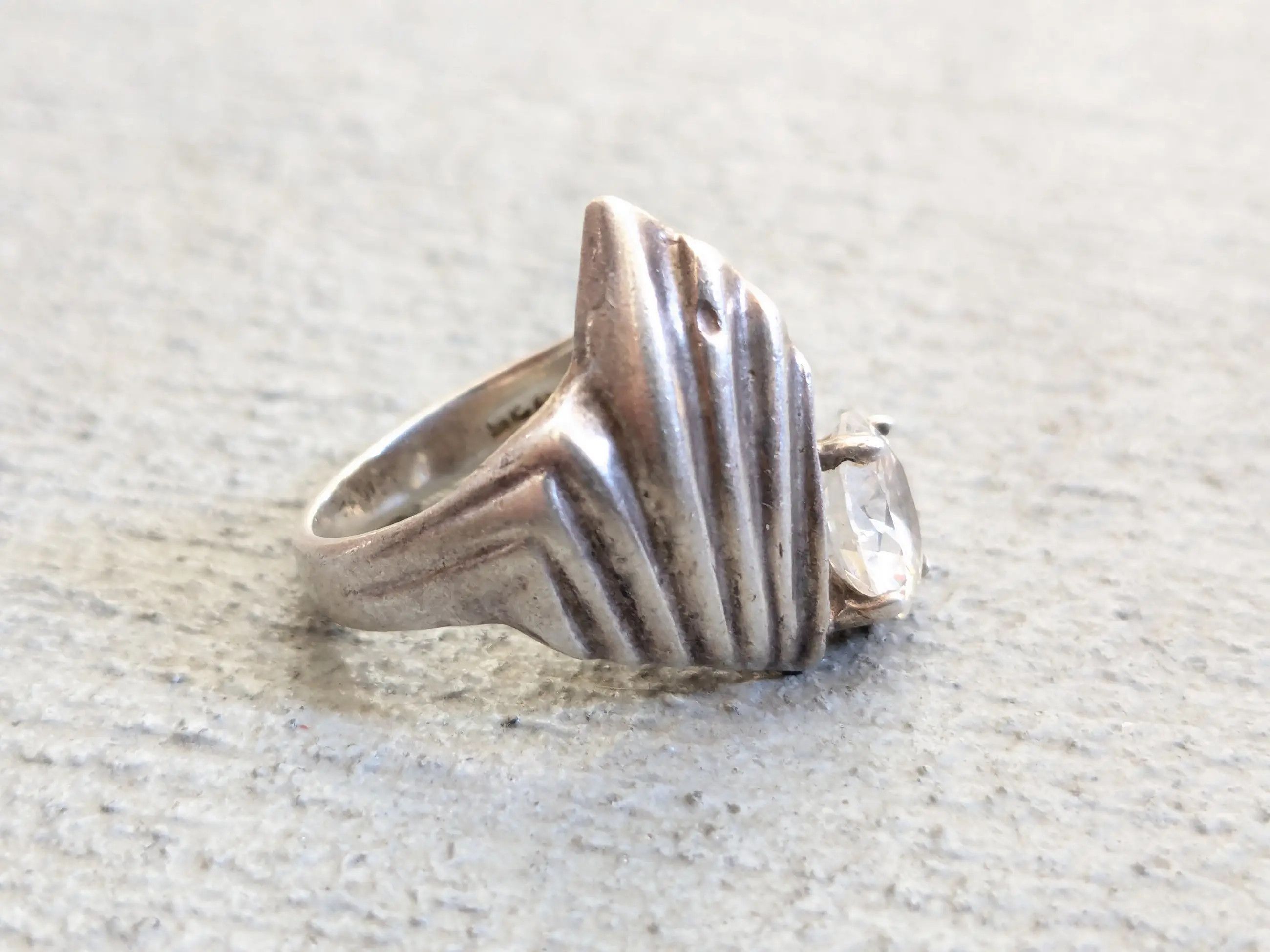 Jewelry × Vintage Sterling Silver Ring CZ Clear Round 7 Mexico Taxco Modern Size ONE SIZE - 7 Thumbnail