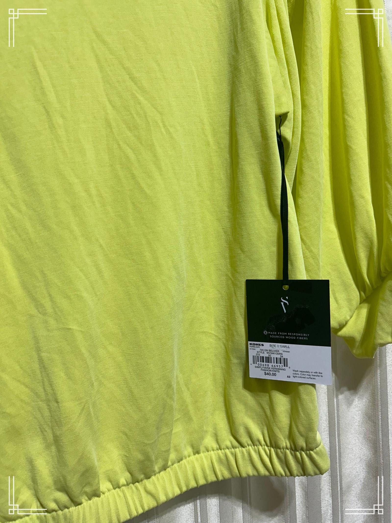 Designer Simply Vera Vera Wang XS Lime Green Puff Sleeve Top, XS Size XS / US 0-2 / IT 36-38 - 3 Thumbnail