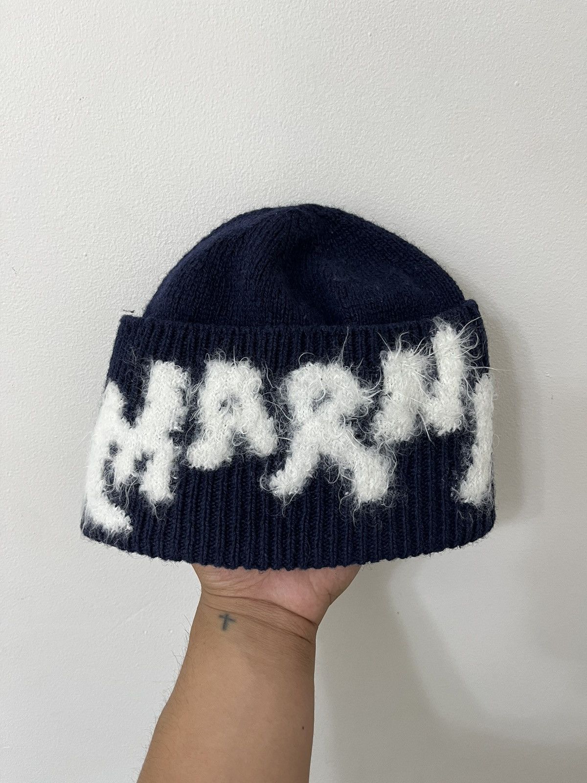 image of Marni Navy Shetland Wool Beanie in Blue, Men's