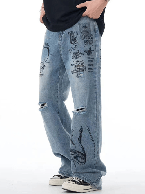 Japanese Brand × Jean Men's American high street printed graffiti ripped jeans Size US 32 / EU 48 - 2 Thumbnail