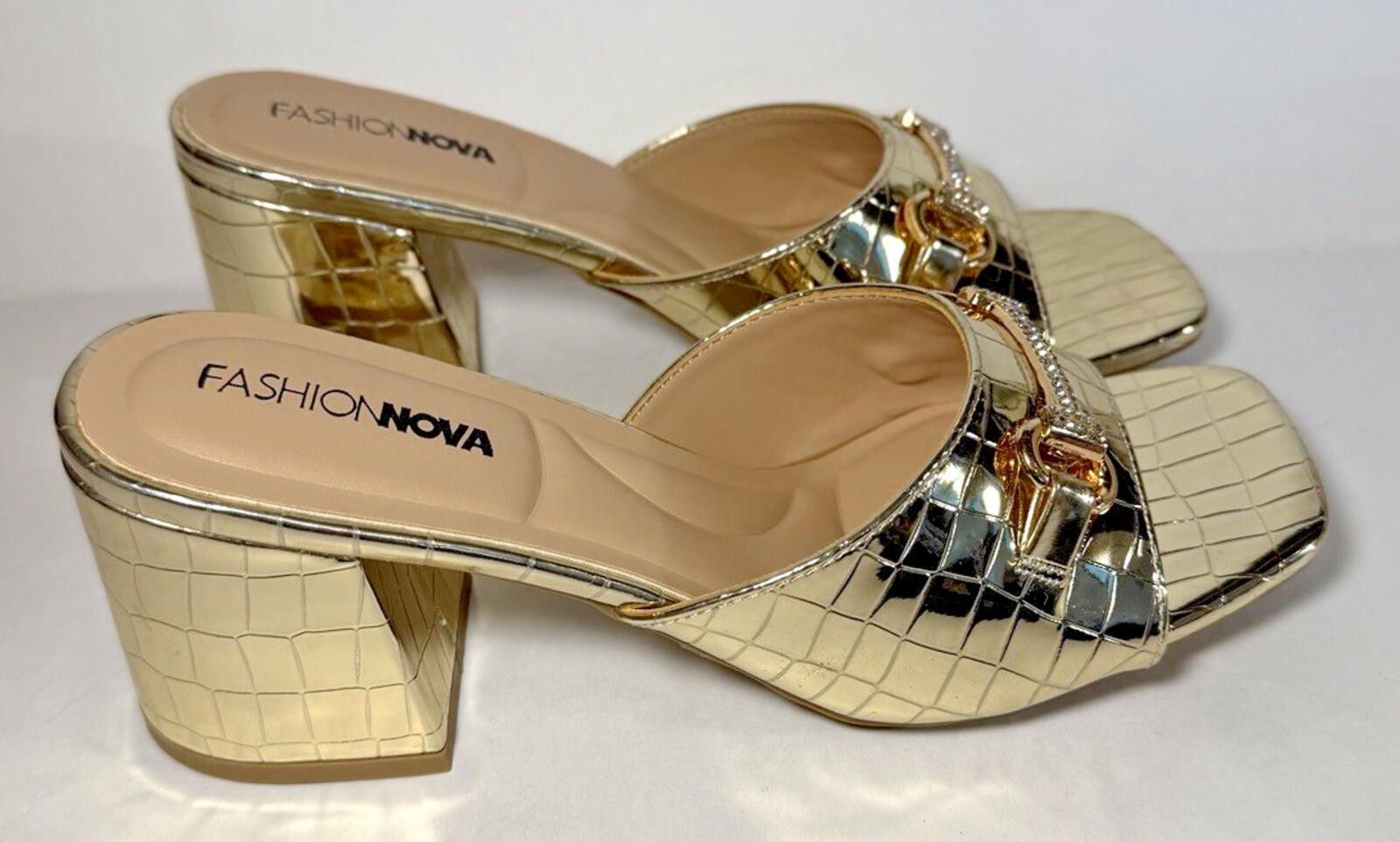 Fashion Nova FASHION NOVA Xylia Hardware Croc Mules Block Heel Gold Size US 8 / IT 38 - 3 Thumbnail