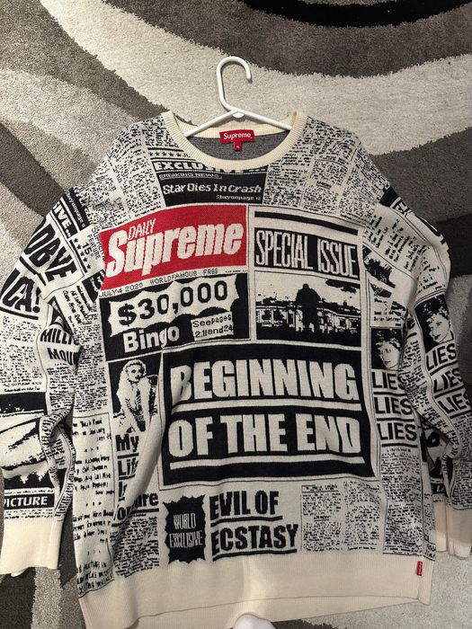 Supreme newsprint best sale sweater white