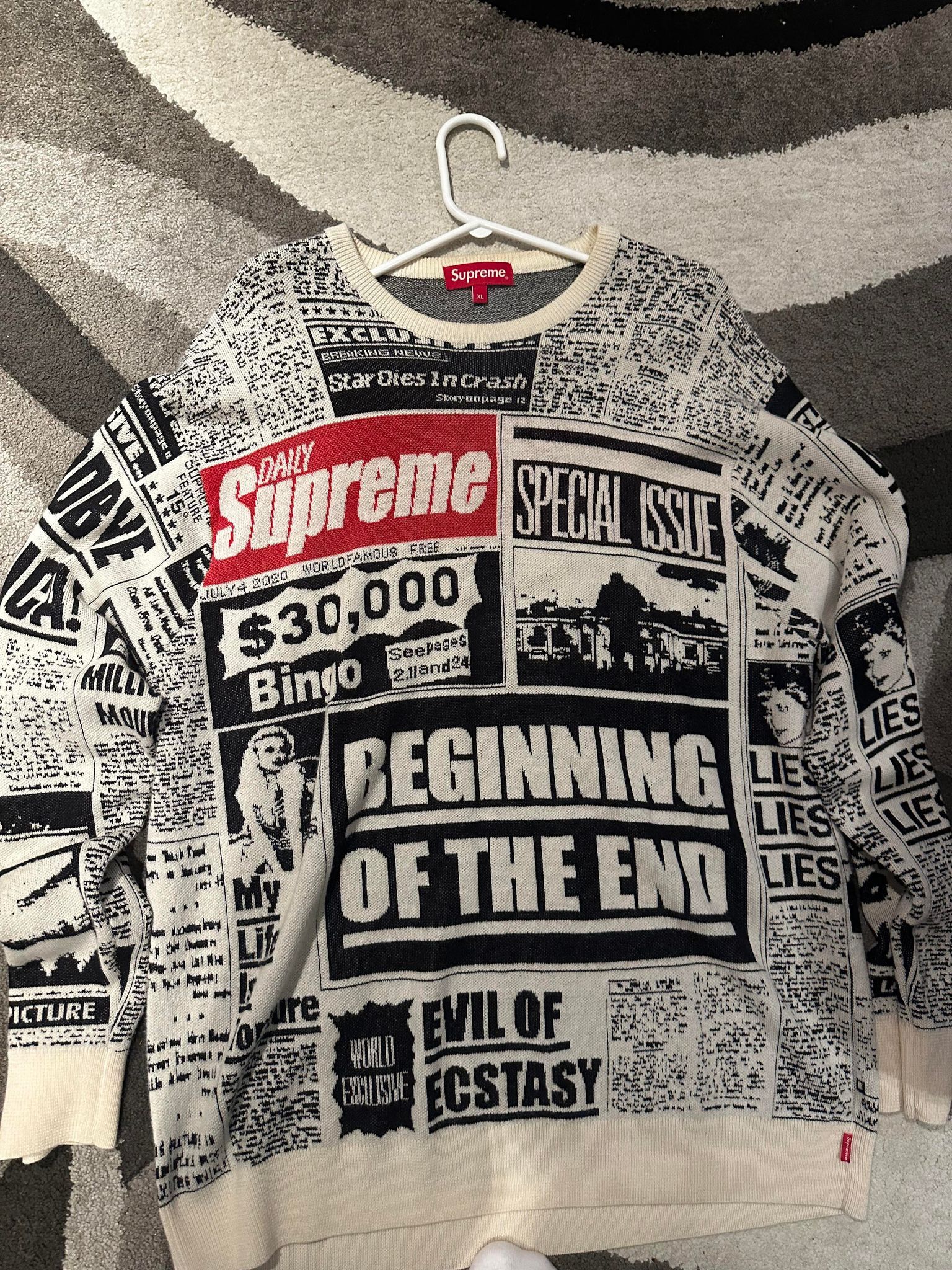 image of Supreme Newsprint Sweater in White, Men's (Size XL)