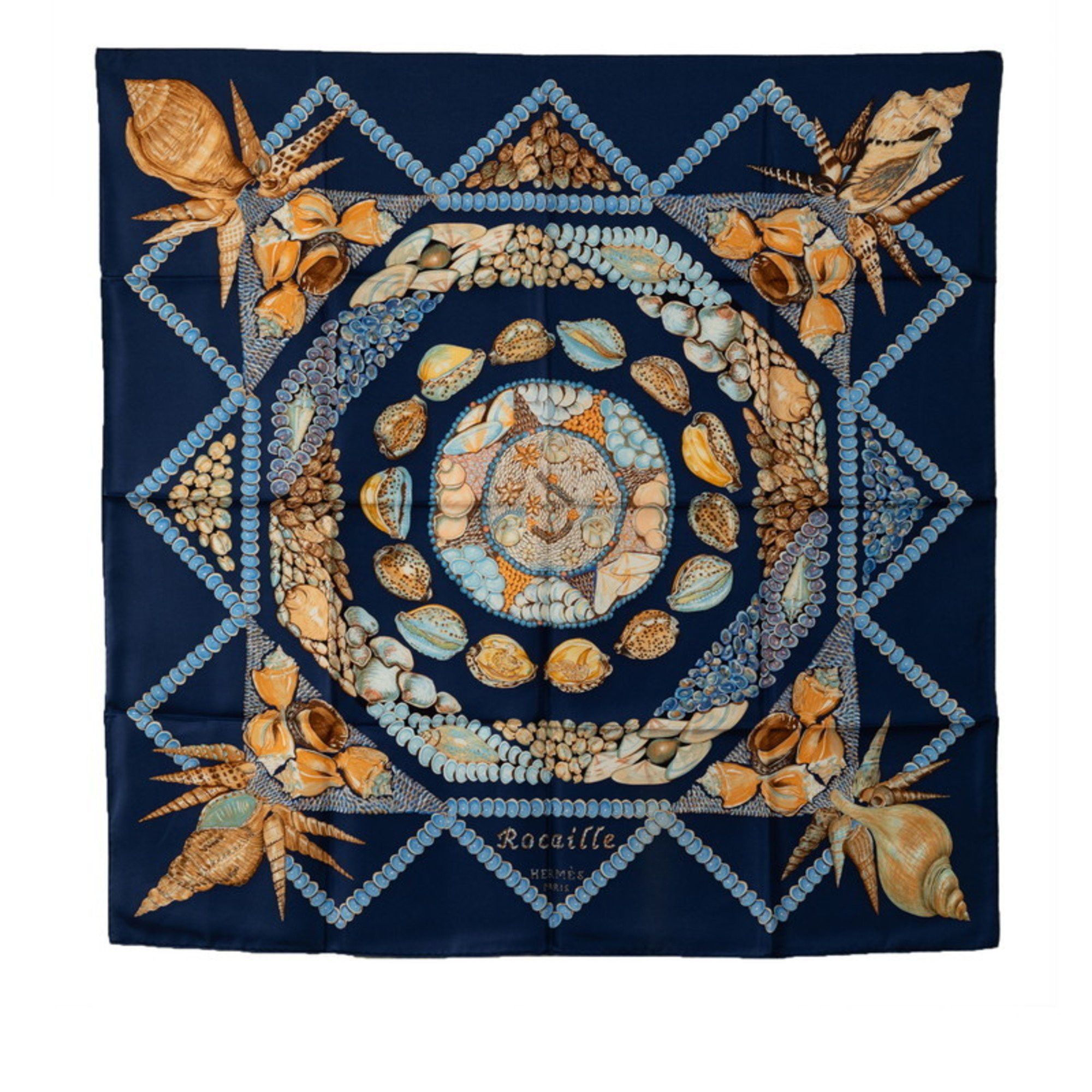 image of Hermes Carre 90 Rocaille Shell Scarf Muffler Blue Multicolor Silk Women's Hermes