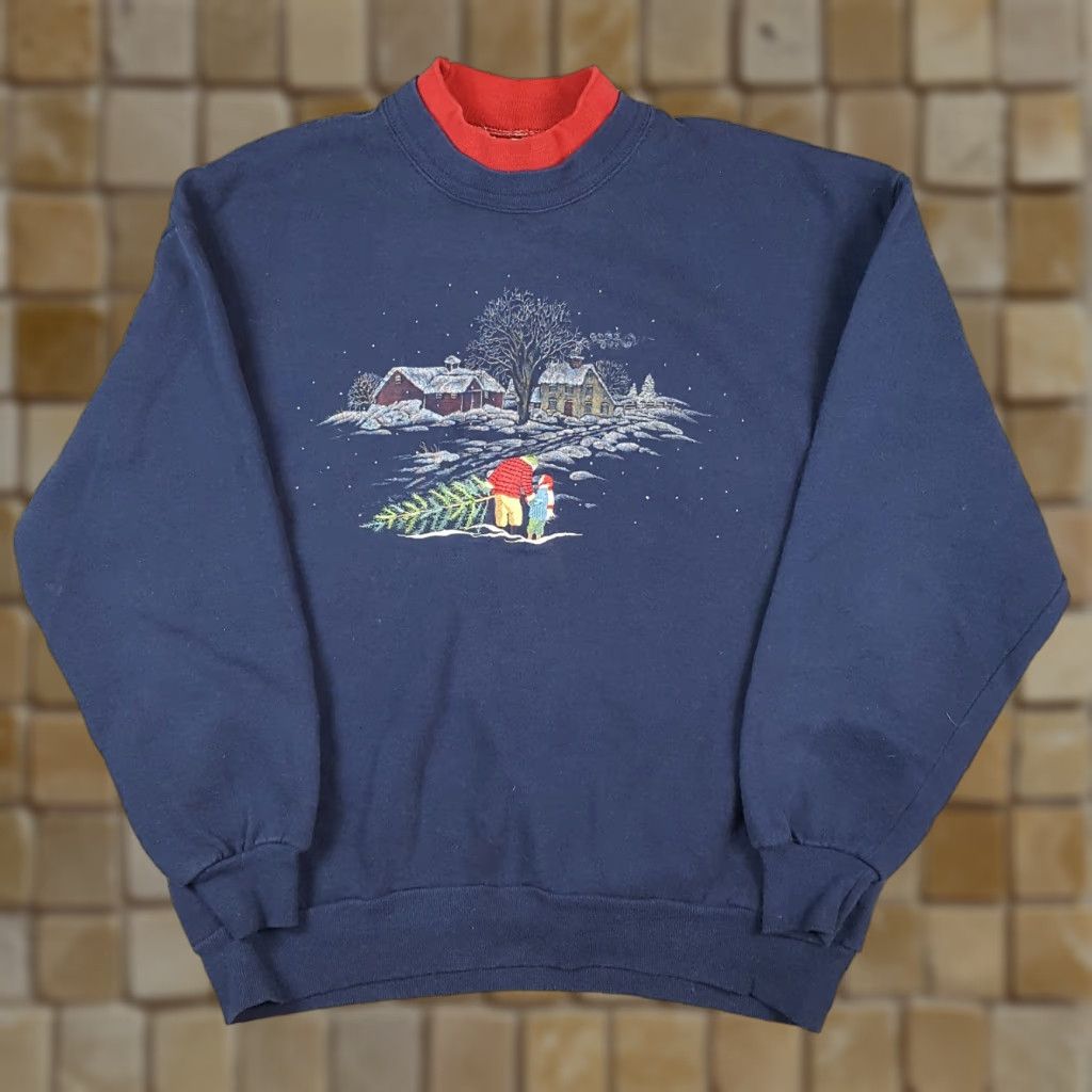 Vintage VINTAGE 90s Snowy Christmas Tree Top Stitch Sweatshirt Women XL Blue Crew Neck Pullover Mock Neck Pullover Christmas Tree Graphic Print First Size XL / US 12-14 / IT 48-50 - 1 Thumbnail