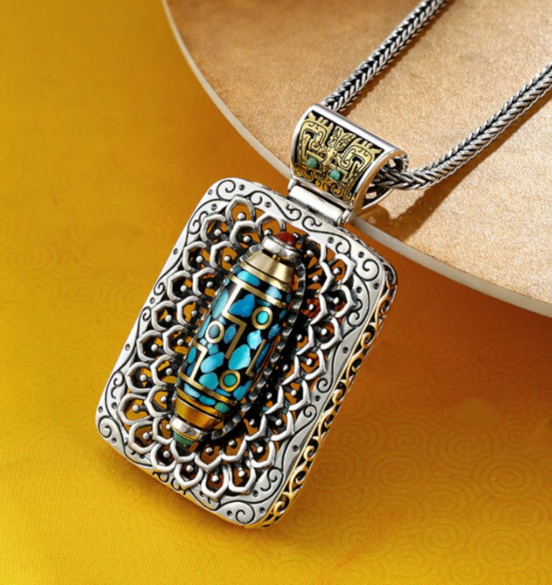 Designer × Japanese Brand × Vintage Vintage Buddha Turquoise Bead Embossed Silver Pendant Rave Size ONE SIZE - 4 Thumbnail