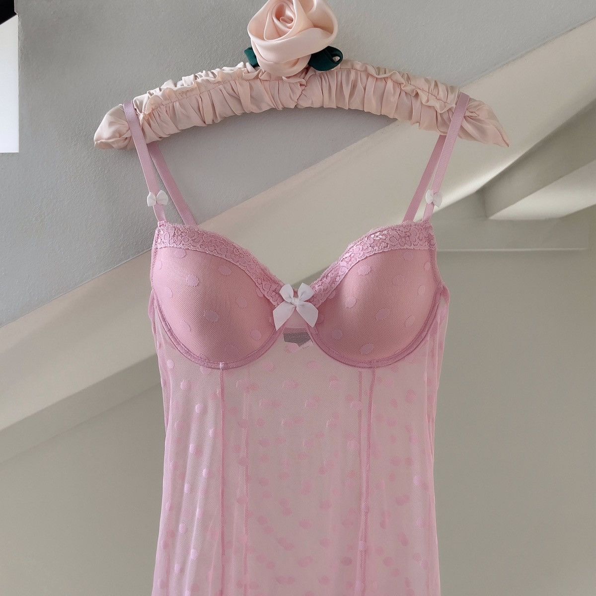 Vintage Cute Pink Polka Dots Mesh Sheer Mini Dress (M-L) Size L / US 10 / IT 46 - 2 Thumbnail