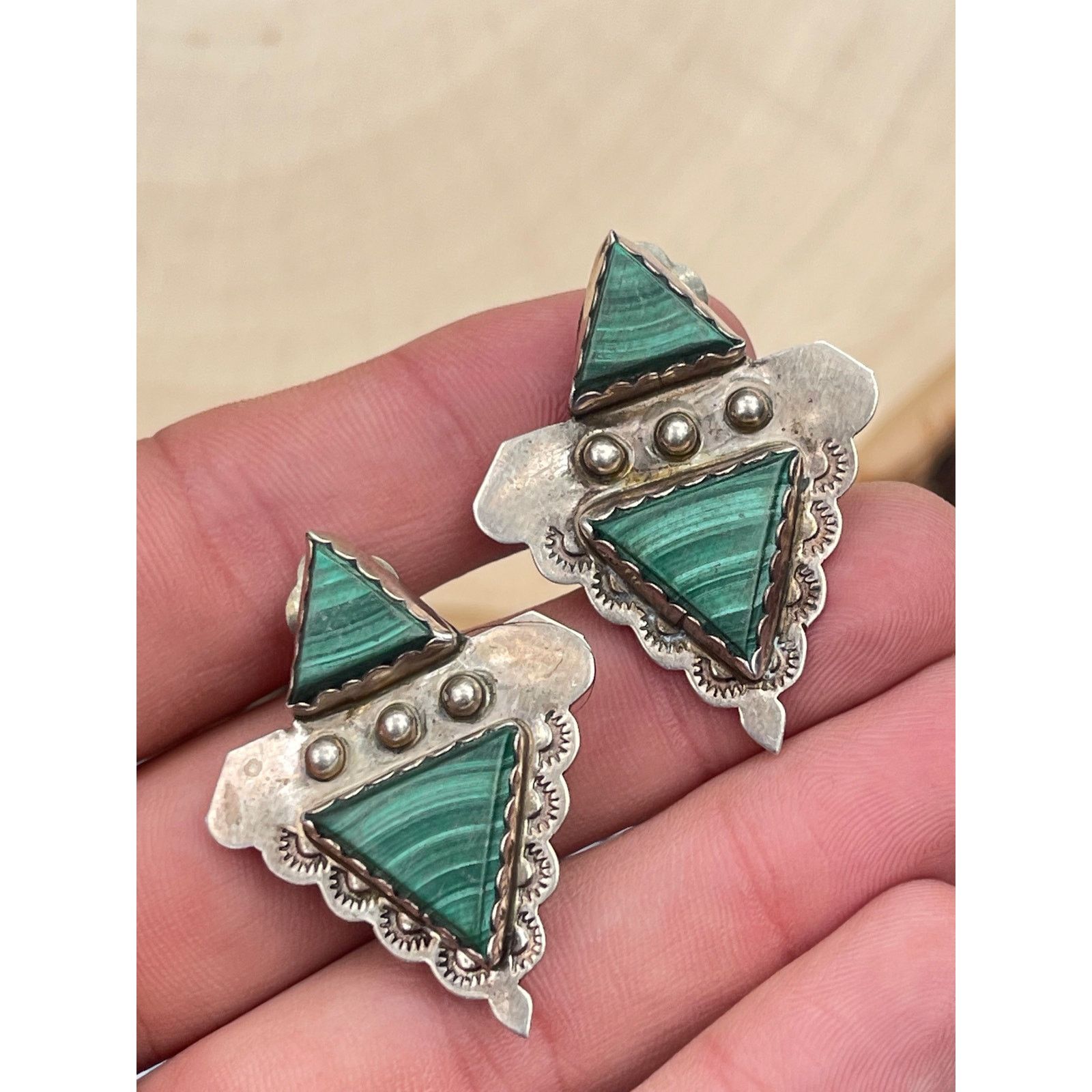 Vintage Navajo Sterling Silver Malachite Earrings - Native American Size ONE SIZE - 5 Thumbnail