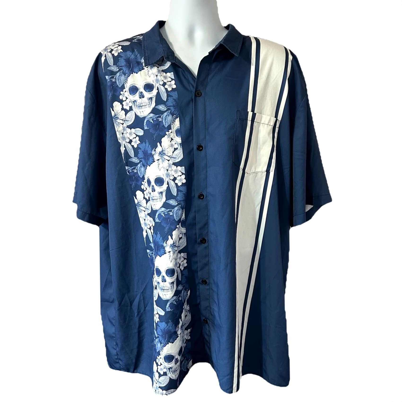 All Blues Hardaddy Skulls Floral Button-Up Shirt Men 3XL Tall Blue White Short Sleeves Size US XXL / EU 58 / 5 - 2 Thumbnail