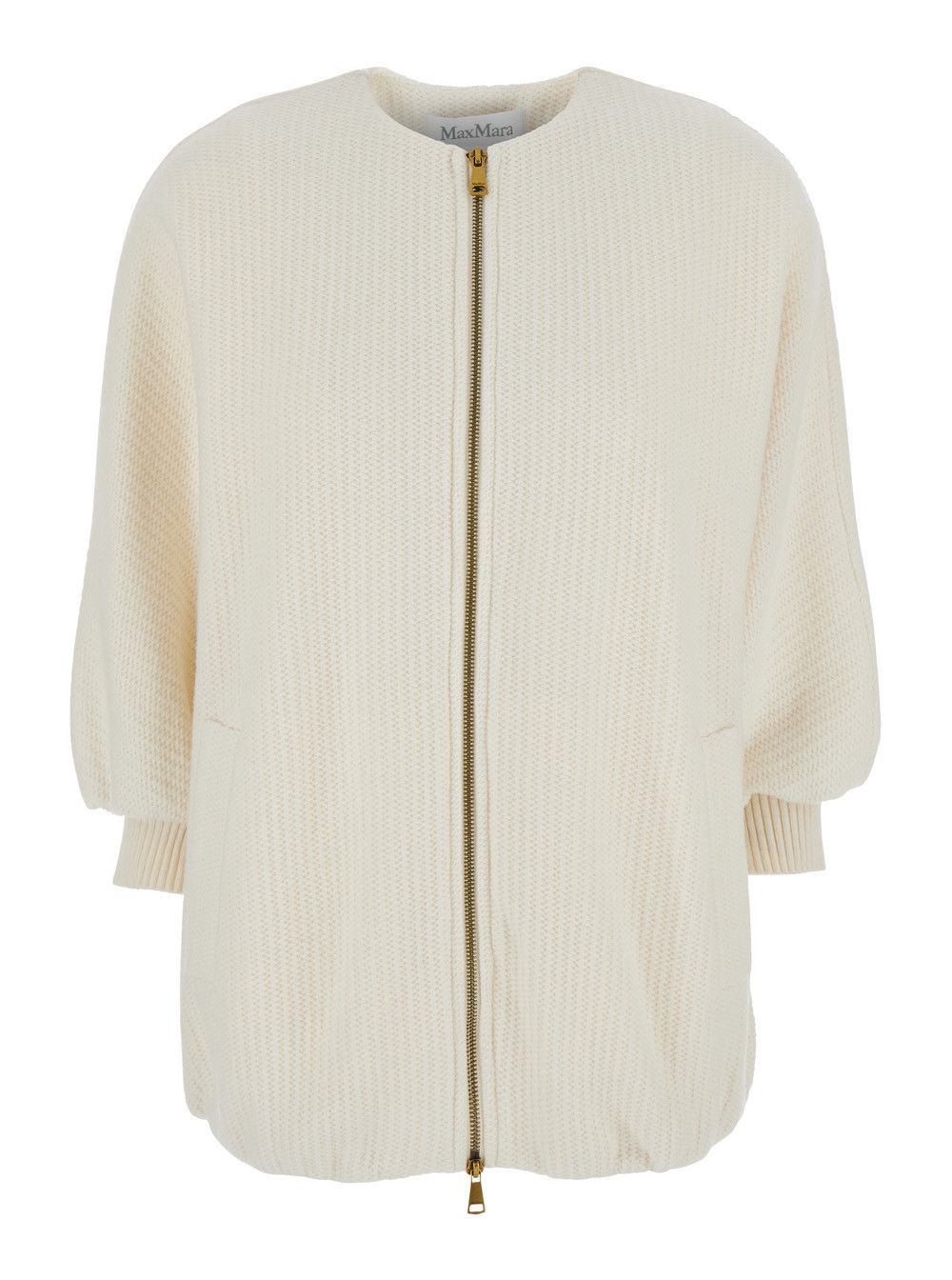 Max Mara 'Cirino' White Crewneck Knit Jacket with Logo Patch on the Rear in Wool and Cashmere Woman Size M / US 6-8 / IT 42-44 - 1 Thumbnail
