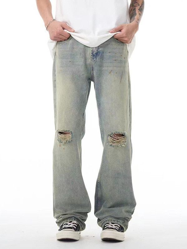 Japanese Brand Light blue loose washed distressed jeans with holes Size US 34 / EU 50 - 1 Thumbnail