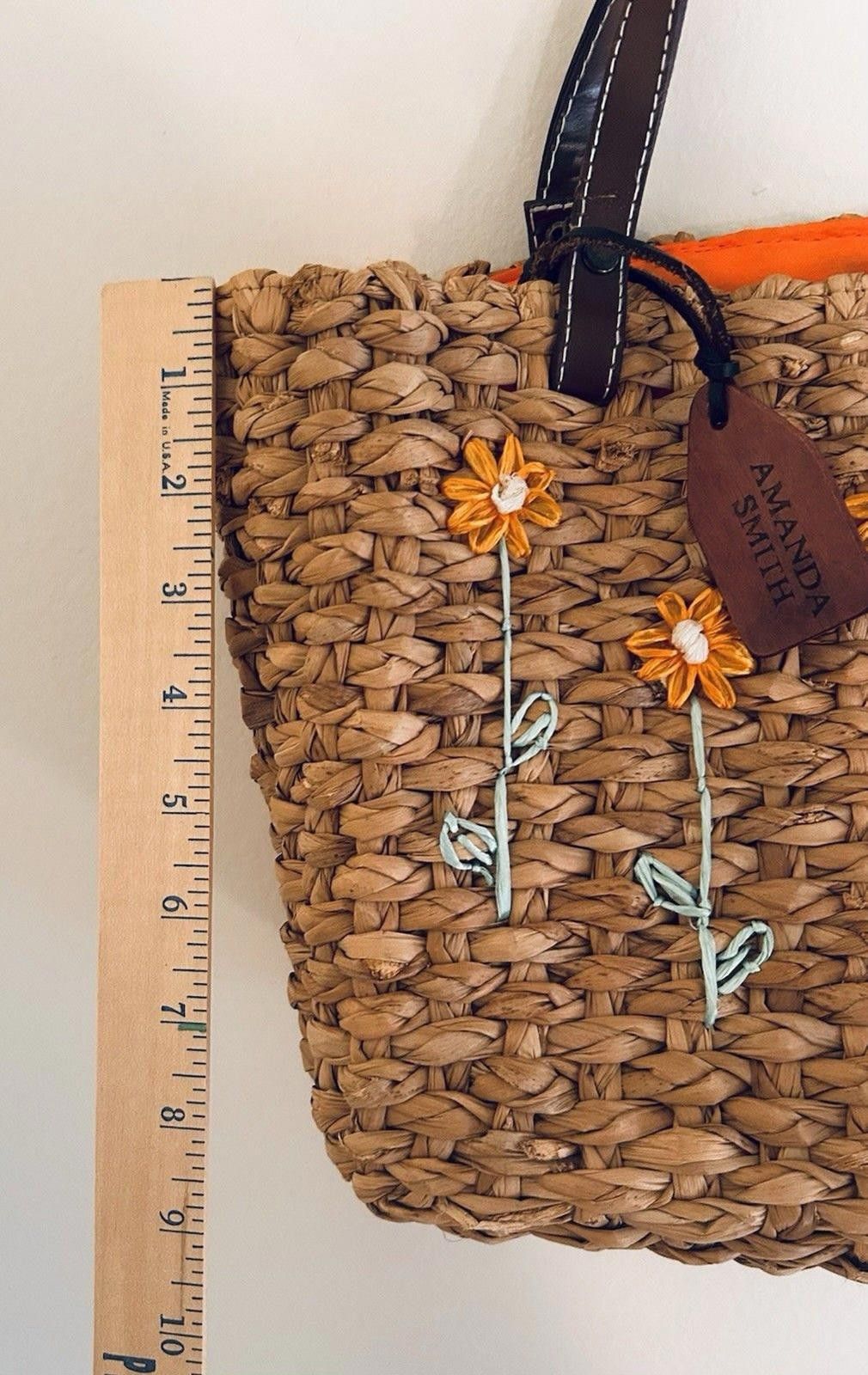 Other Amanda Smith Straw Bag Purse Tote w/ Orange Flowers & Liner Size ONE SIZE - 7 Thumbnail