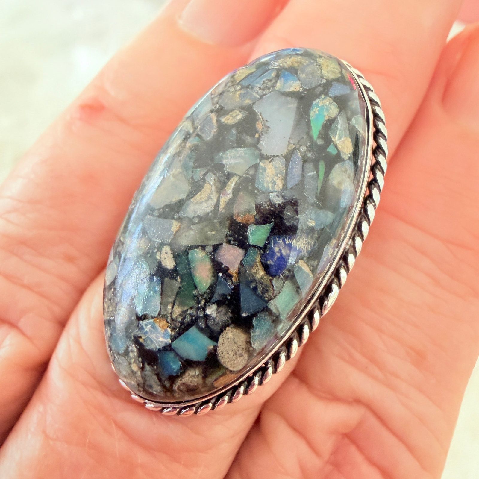 Other Ethiopian Opal Chip Inlay 925 Silver Plated Ring Size ONE SIZE - 2 Thumbnail