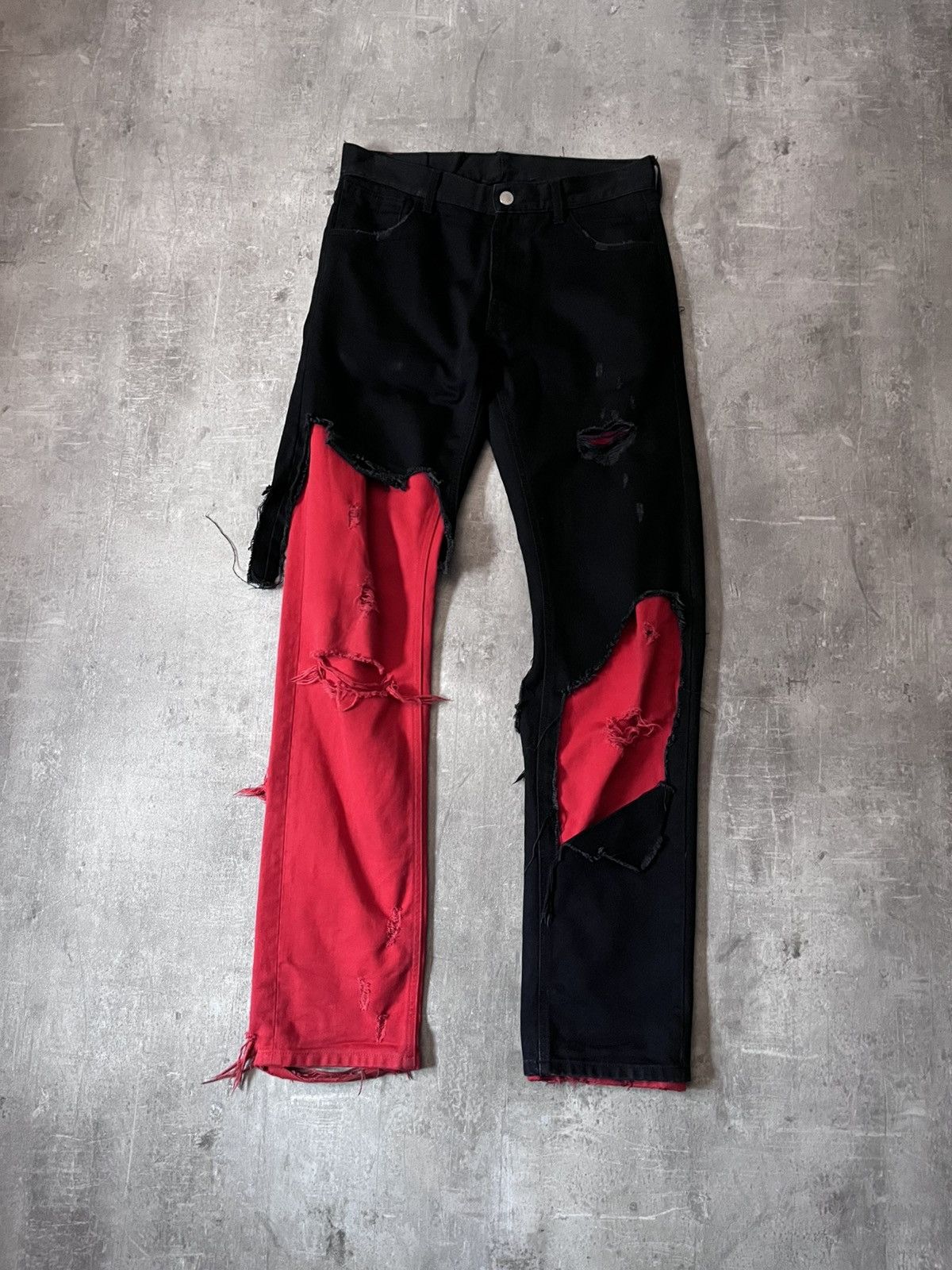 Raf Simons AW19 Slim Destroyed Denim in Black Red | Grailed