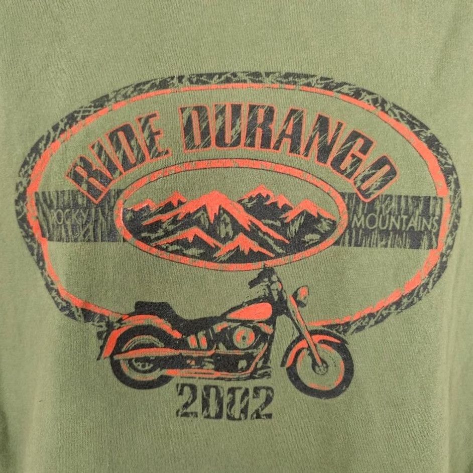 Hanes VINTAGE Hanes T-Shirt Mens Large Green Ride Durango Rocky Mountains Motorcycle 2000s Y2K Travel Souvenir Shirt Size US L / EU 52-54 / 3 - 3 Thumbnail