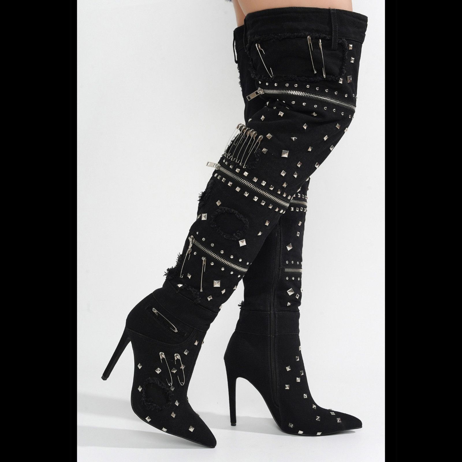 Other Rocker Black Distressed Denim Embellished Thigh High Boots ( Size US 9 / IT 39 - 4 Thumbnail