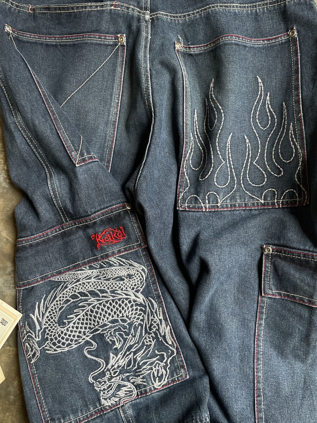 Japanese Brand Vintage Crazy Brass Hither Embroyed Flame Dragon Baggy Jeans Size US 34 / EU 50 - 3 Thumbnail