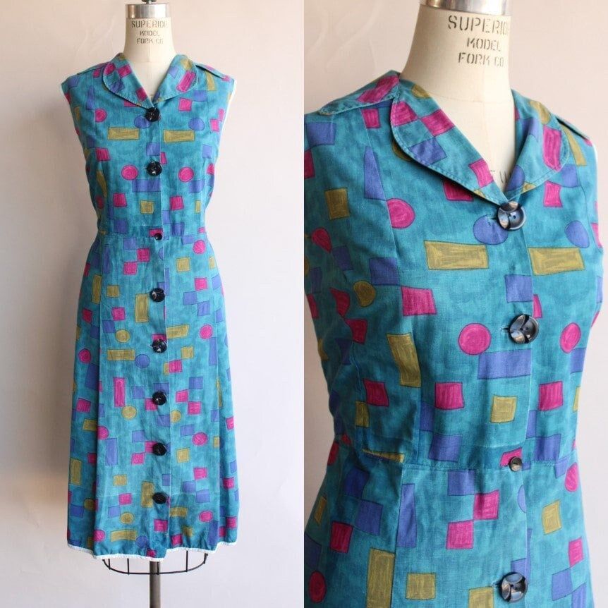 Vintage 1960s Dress Blue Shirtwaist in Cotton Volup Size