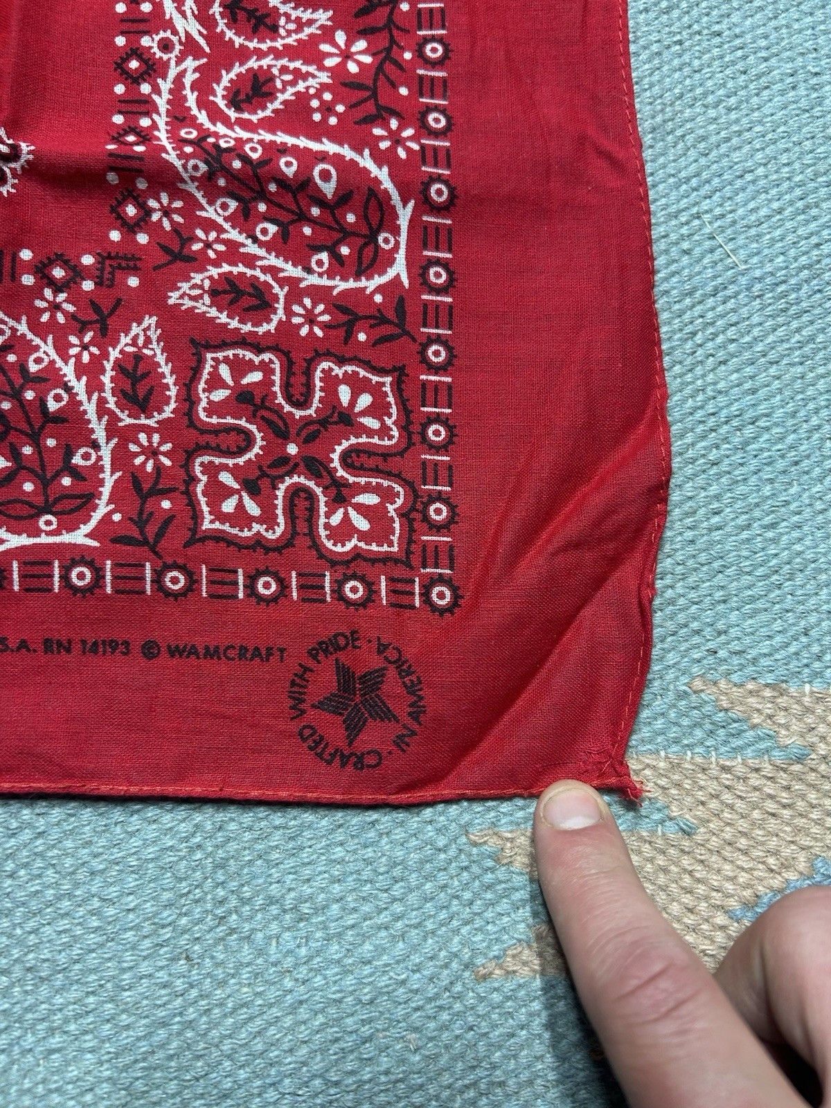 Vintage Vtg wamcraft bandana handkerchief paisley geometric work USA Size ONE SIZE - 3 Thumbnail