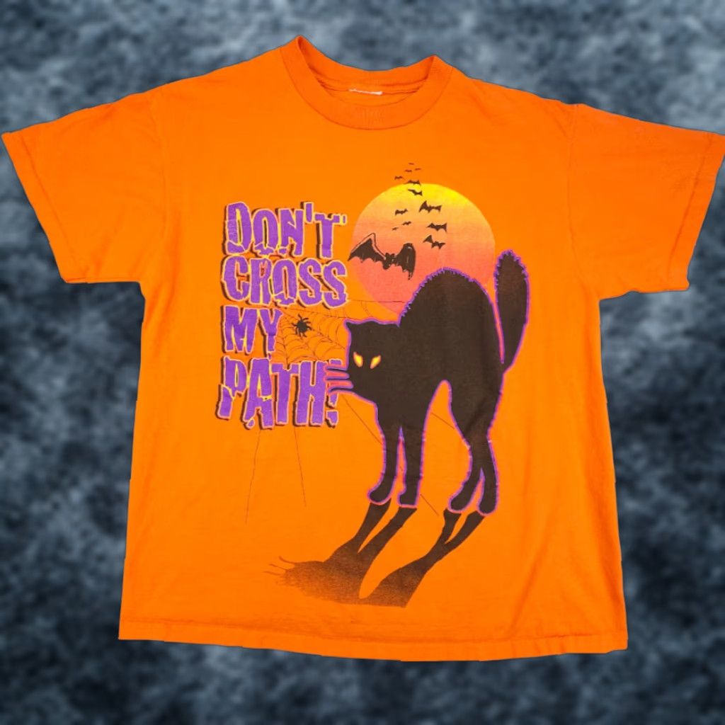 Vintage VINTAGE Halloween T Shirt Mens Size Large Orange 90s Black Cat Bats Spiderweb Size US L / EU 52-54 / 3 - 1 Thumbnail
