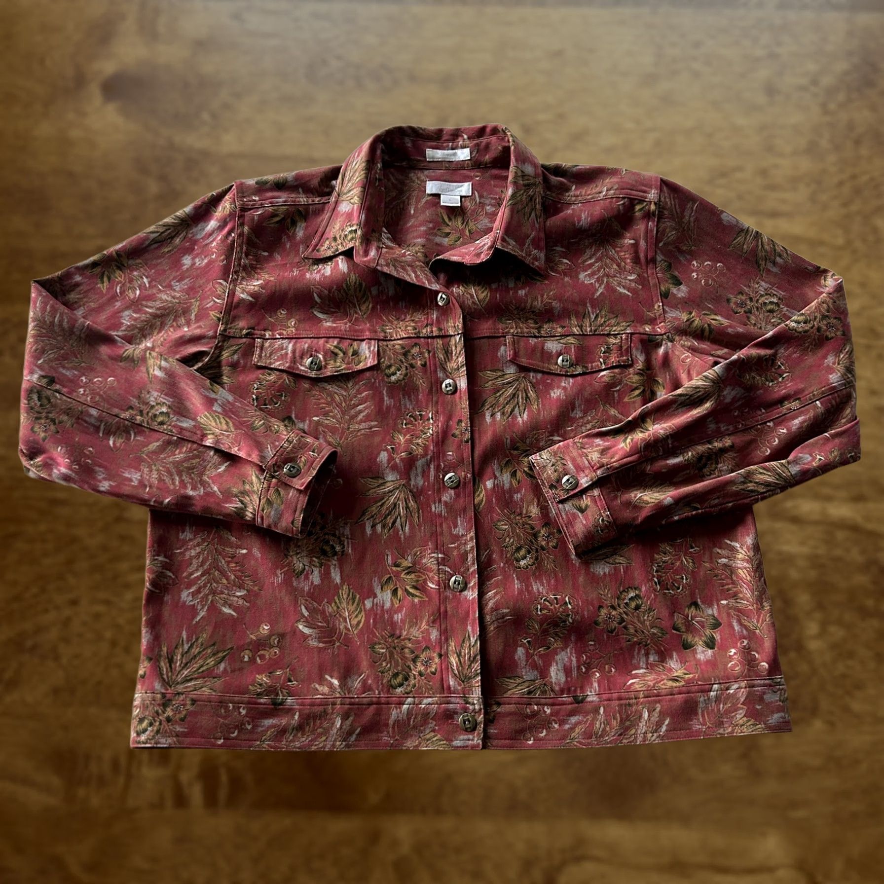 Vintage Christopher & Banks Jacket Womens Large Red Floral Denim Button Front Stretch Size L / US 10 / IT 46 - 1 Thumbnail