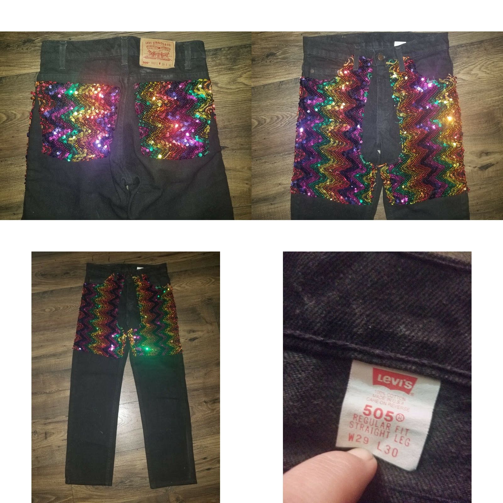 Levi's Vintage Levi's 505 Jeans Men 29x30 Black Denim USA Pride Month Sequin Rainbow Distressed Size US 29 - 8 Thumbnail