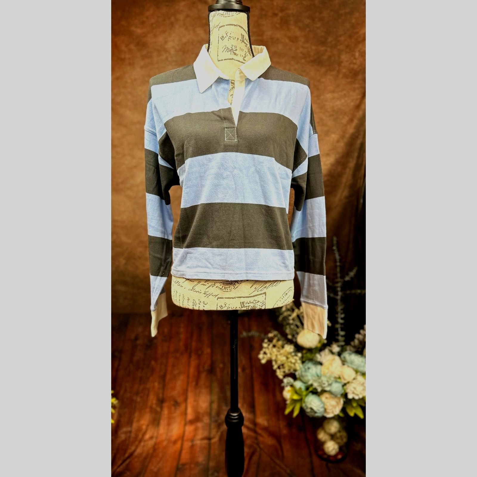 Other Aerie Striped Cropped Long Sleeve Collared Top Blue Black L Size L / US 10 / IT 46 - 5 Thumbnail