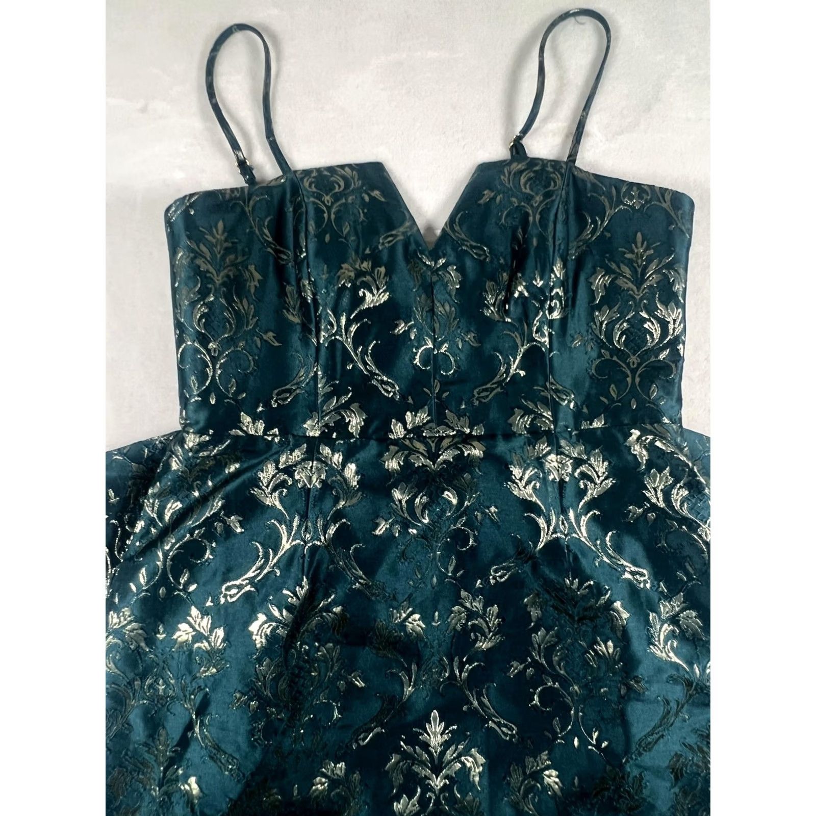 Vintage Altar'd State Dress Womens Small Teal Margolis Metallic Jacquard Mini Bow Back Dress Size S / US 4 / IT 40 - 2 Thumbnail
