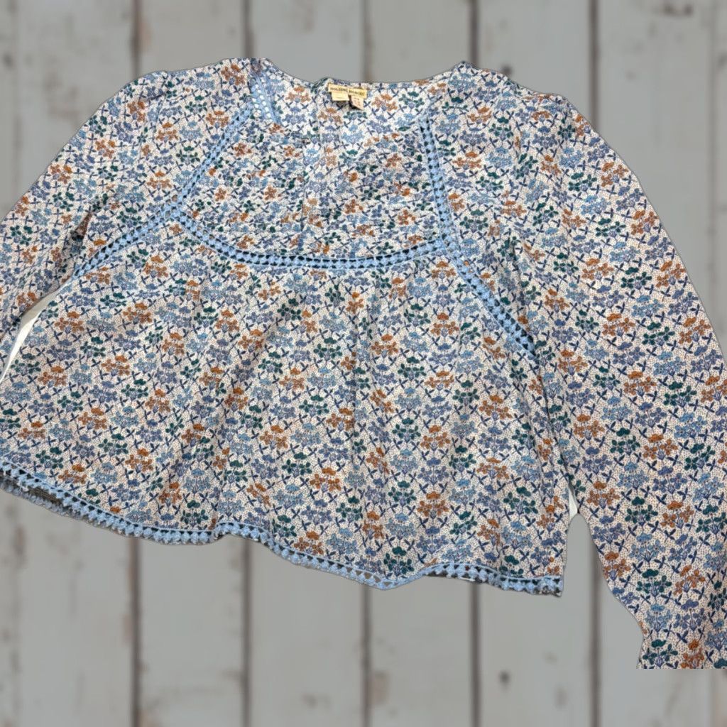 Vintage Holding Horses Blouse Women's Sz 8 Cropped Blue Floral Lace Crochet Long Sleeve Bohemian V Neck Top Size M / US 6-8 / IT 42-44 - 1 Thumbnail