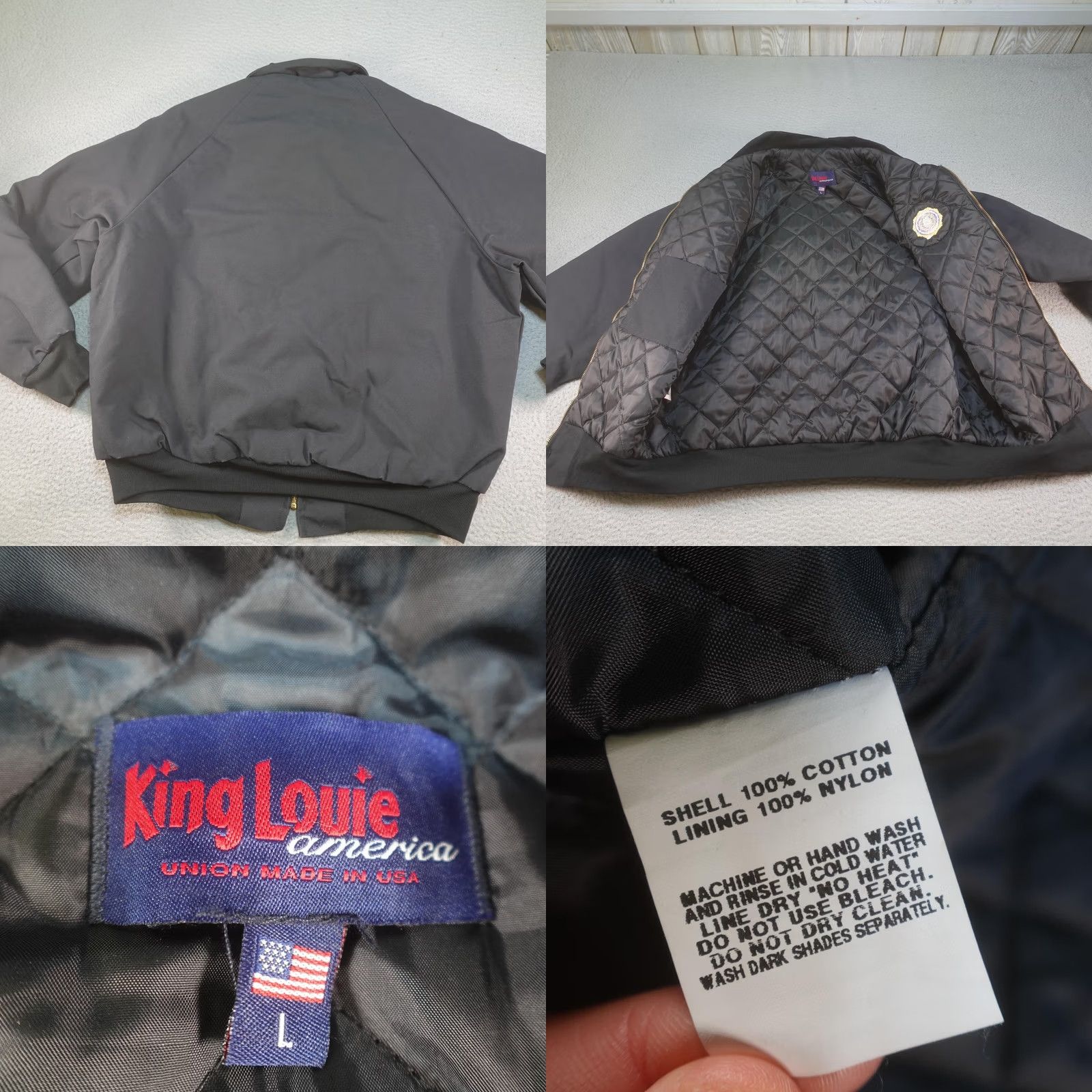 Vintage VINTAGE King Louie Bomber Jacket Mens L Black USA Patriotic American Legion Post 553 Embroidered Logo Zip Front Padded Quilted Lined Casual Winter Size US L / EU 52-54 / 3 - 9 Thumbnail