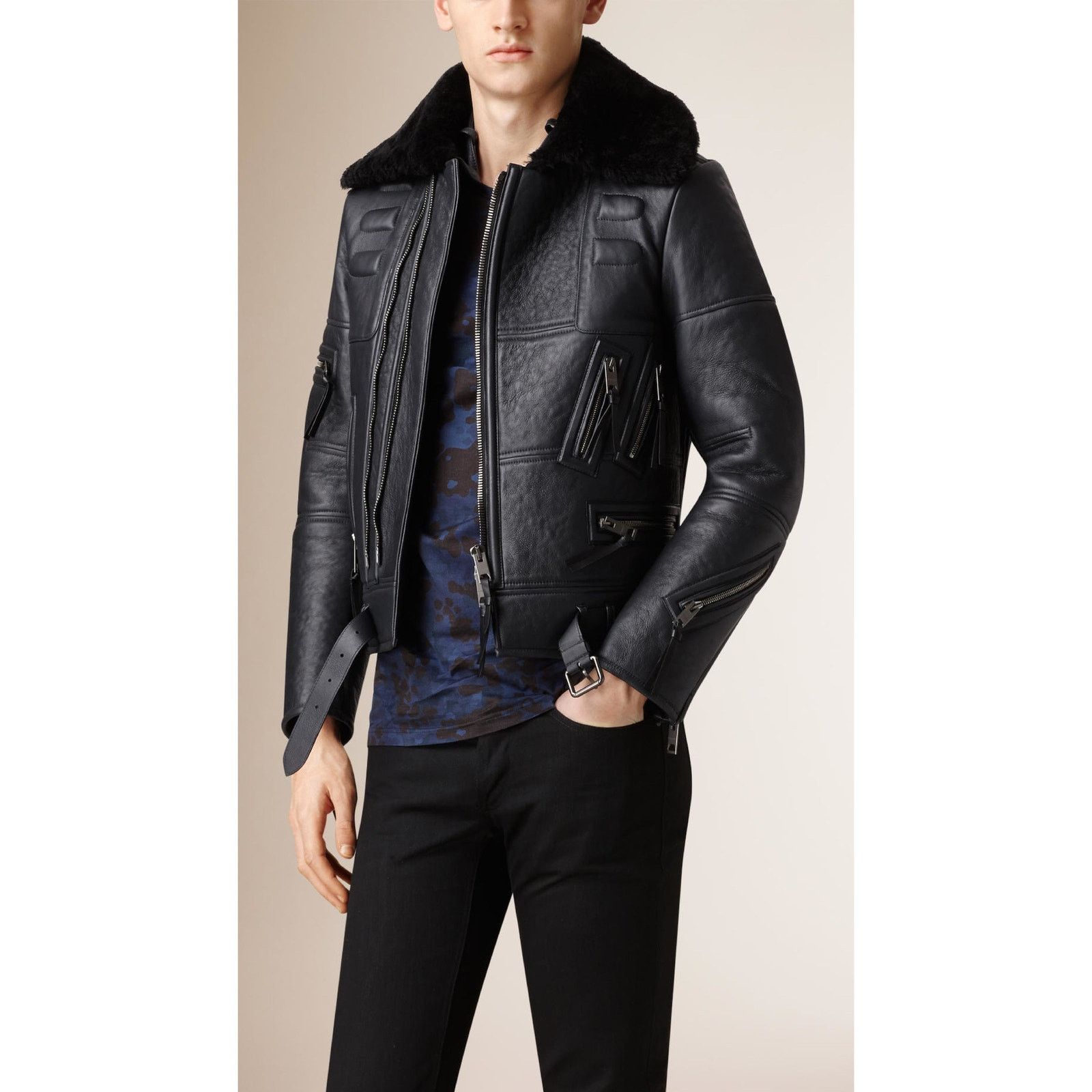 Burberry Prorsum FW 2010 38 Blue Black Lamb Leather Shearling Biker Jacket Size US M / EU 48-50 / 2 - 2 Thumbnail