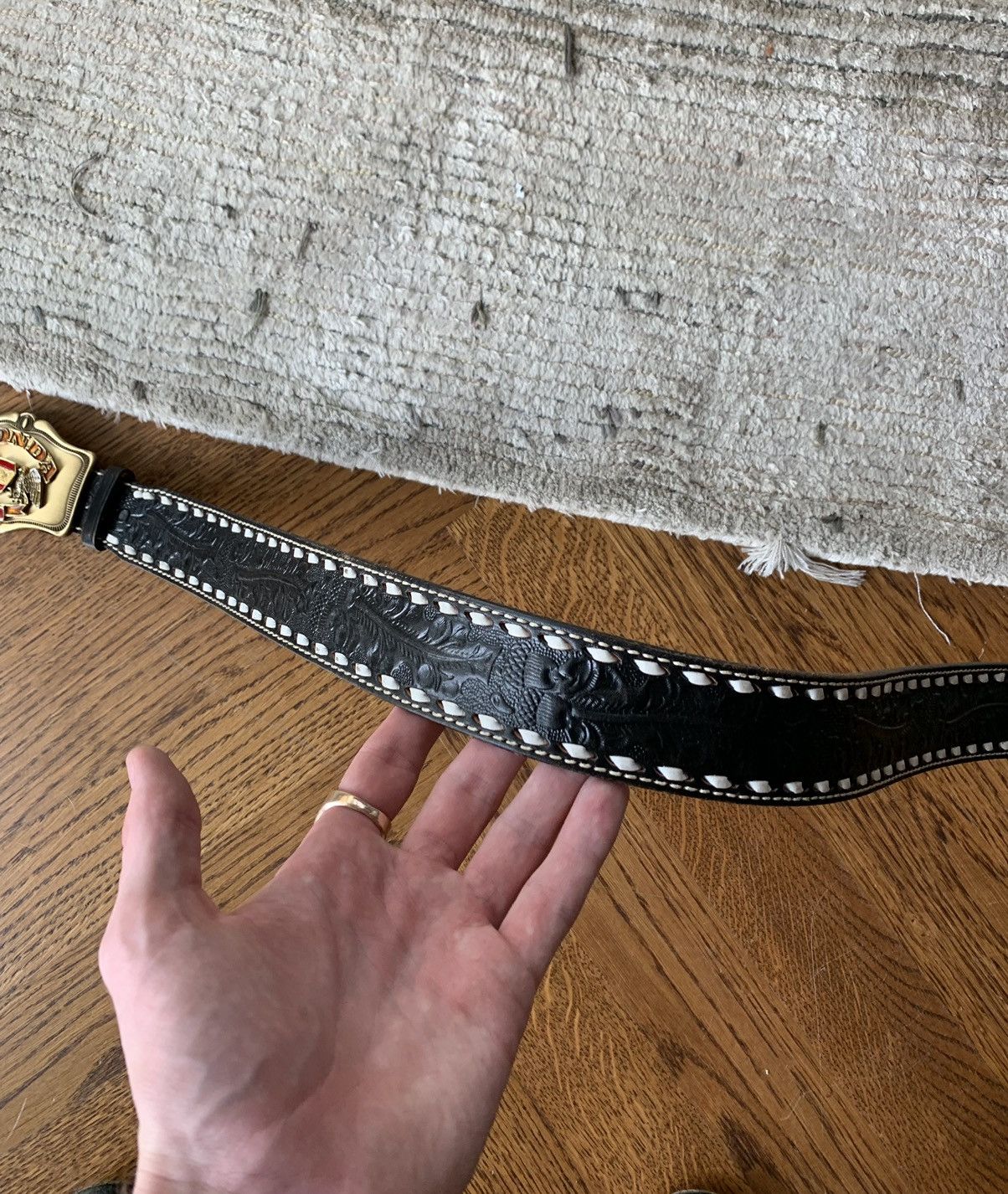 Tony Lama × Vintage 1970s Honda Tooled Leather Belt Vintage Tony Lama 38 Motor Size ONE SIZE - 5 Thumbnail