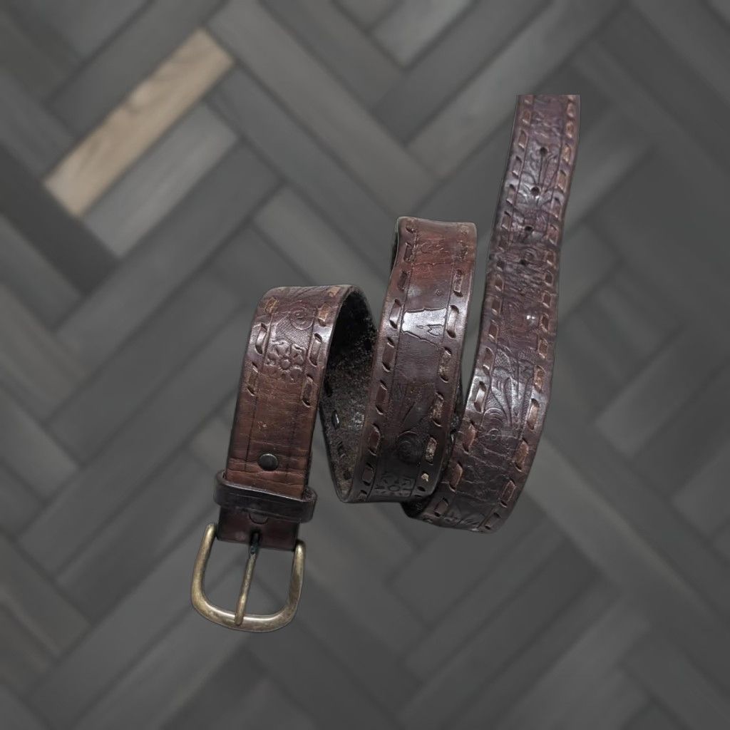 Vintage VINTAGE handcrafted western belt CF floral scroll cowhide leather 34 brown AE custom laced belt Mens Adults 34 brown vintage western belt Size 34 - 1 Thumbnail