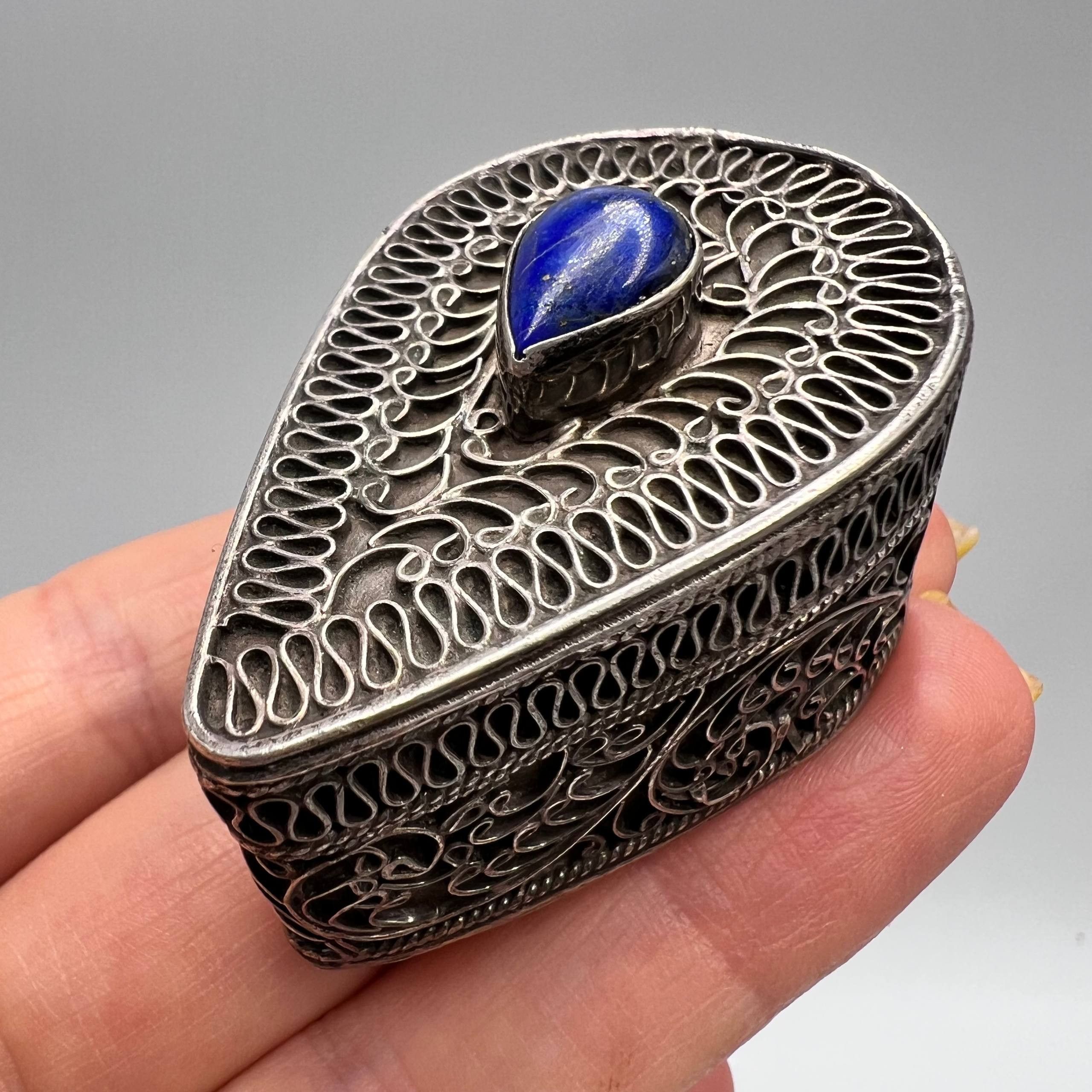 Antique 925 Silver Filigree Pill Box Lapis Lazuli Vintage