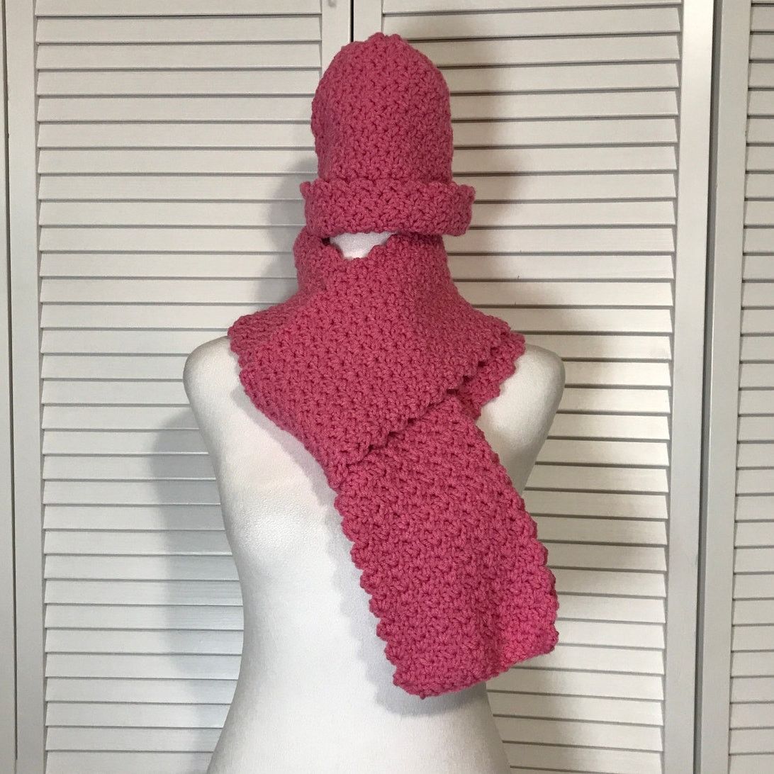 Handmade NWT Handmade Crocheted Pink Textured Beanie Scarf 71” Size ONE SIZE - 1 Thumbnail
