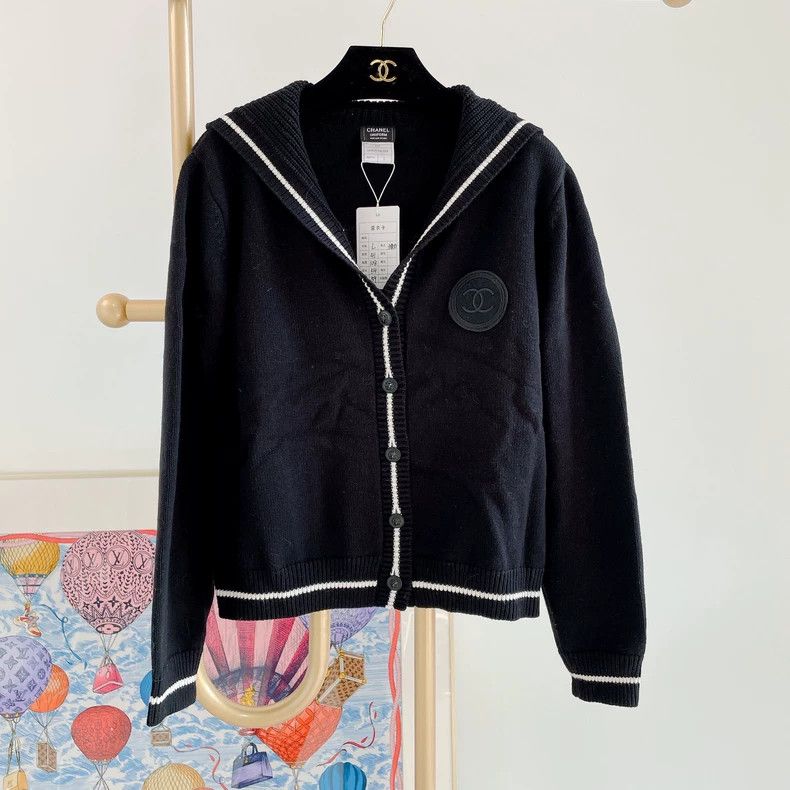 Chanel Chanel Black navy collar knitted cardigan jacket 2504-Nexta Size L / US 10 / IT 46 - 1 Thumbnail