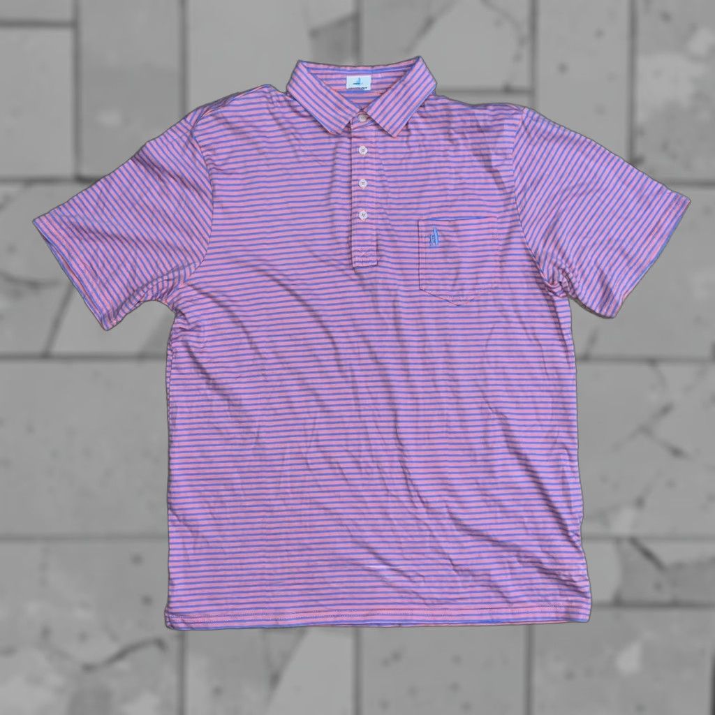 johnnie-O Johnnie-O Hamgin’ out Half Button-Up Short Sleeve Blue Pink Striped Men’s L Size US 33 - 1 Thumbnail