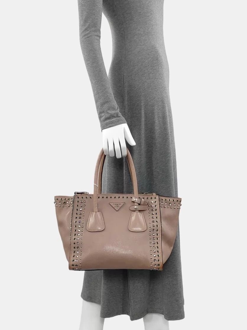 Prada PRADA Pyramid Leather Studded Tote Bag Champagne Size ONE SIZE - 9 Thumbnail