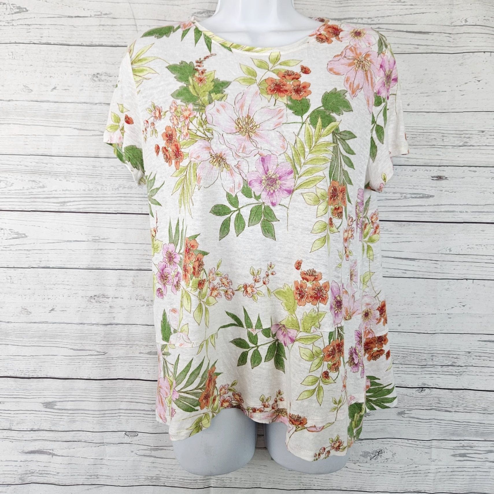 J. Jill J Jill Love Linen Womens Top M Pink Floral Short Sleeve - Shirt - Womens - Size M - Love Linen Top Size M / US 6-8 / IT 42-44 - 2 Thumbnail